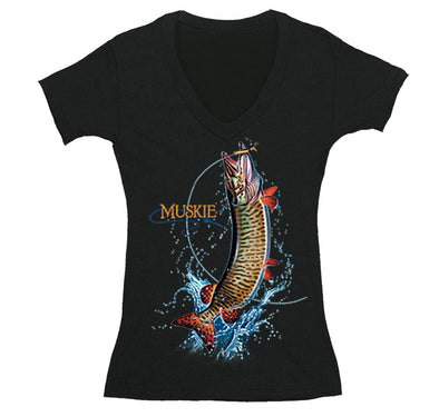 Free Shipping Womens Muskie Fish Freshwater Sport Fisherman Fishing MuskellungeMusky  Lure Reel Lake Vacation Gift V-Neck T-Shirt