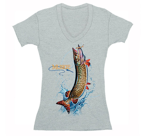 Free Shipping Womens Muskie Fish Freshwater Sport Fisherman Fishing MuskellungeMusky  Lure Reel Lake Vacation Gift V-Neck T-Shirt