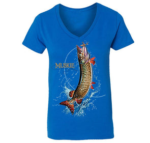 Free Shipping Womens Muskie Fish Freshwater Sport Fisherman Fishing MuskellungeMusky  Lure Reel Lake Vacation Gift V-Neck T-Shirt