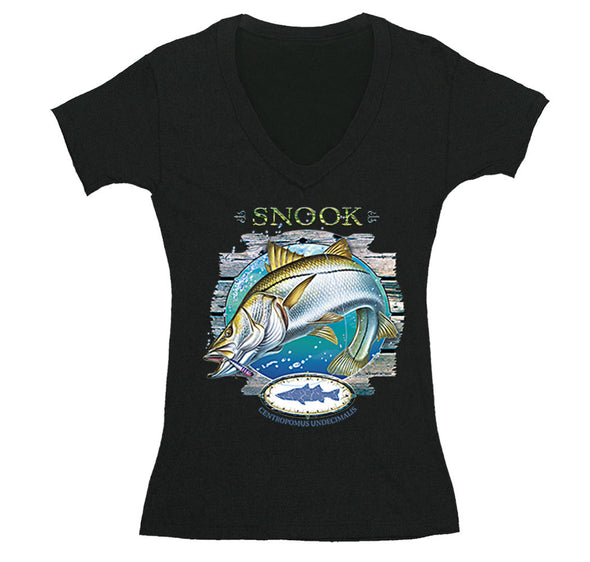 Free Shipping Womens Snook Saltwater Fish Fishing Fisherman Sergeant Robalo Lure Ocean Reel Vacation Florida Gift V-Neck T-Shirt