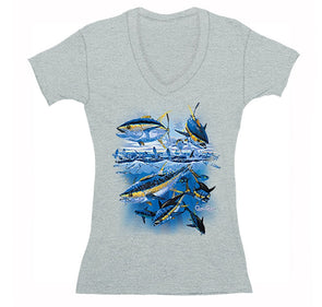 Free Shipping Womens Yellowfin Tuna Feeding Saltwater Fish Fishing Fisherman Lure Ocean Reel Vacation Gift V-Neck T-Shirt
