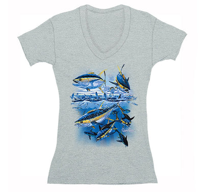 Free Shipping Womens Yellowfin Tuna Feeding Saltwater Fish Fishing Fisherman Lure Ocean Reel Vacation Gift V-Neck T-Shirt