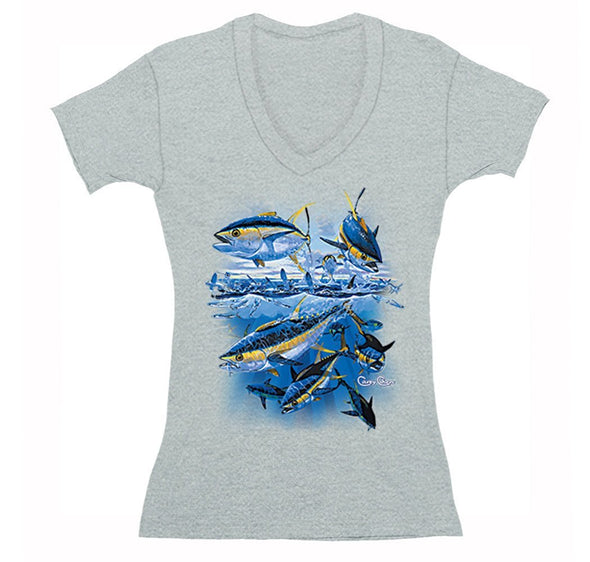 Free Shipping Womens Yellowfin Tuna Feeding Saltwater Fish Fishing Fisherman Lure Ocean Reel Vacation Gift V-Neck T-Shirt