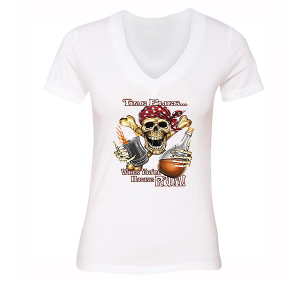 Free Shipping Womens Time Flies When You're Having Rum Pirate Skull Crossbones Jolly Roger Treasure Gold Shipwreck Gaspar V-Neck T-Shirt