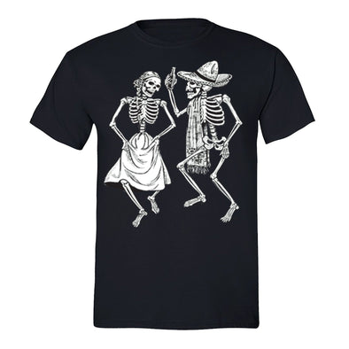 Free Shipping Mens 2 Dancing Skeletons Sugar Skull Day of the Dead Dia de los Muertos Mexican Heritage Halloween Gothic Party T-Shirt Black