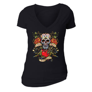 Free Shipping Womens La Amor Mata Sugar Skull Day of the Dead Dia de los Muertos Mexican Heritage Roses Heart Love Halloween V-Neck Black