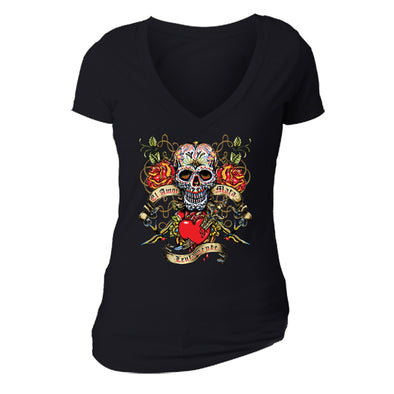 Free Shipping Womens La Amor Mata Sugar Skull Day of the Dead Dia de los Muertos Mexican Heritage Roses Heart Love Halloween V-Neck Black