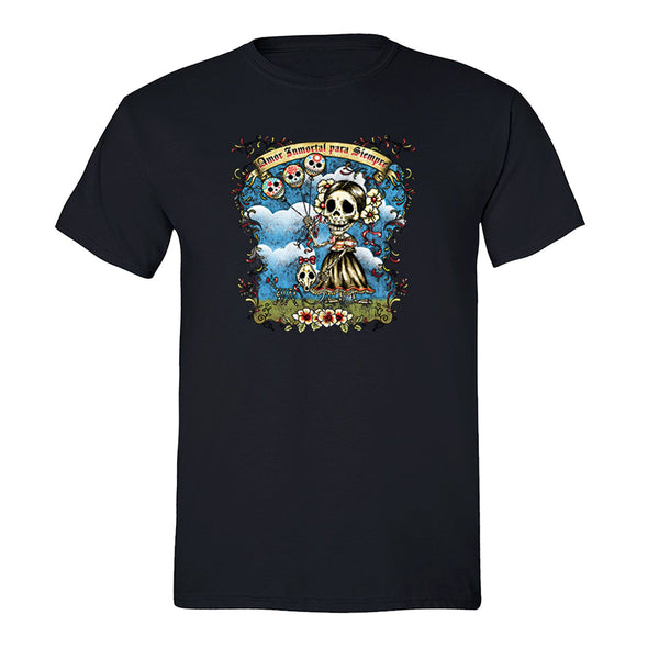 Free Shipping Mens Amor Immortal Sugar Skull Day of the Dead Dia de los Muertos Mexican Heritage Flowers Love Halloween T-Shirt Black