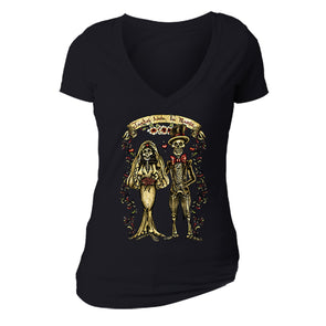 Free Shipping Womens Juntos Bride Groom Skeletons Sugar Skull Day of the Dead Dia de los Muertos Mexican Heritage Halloween V-Neck Black