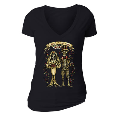 Free Shipping Womens Juntos Bride Groom Skeletons Sugar Skull Day of the Dead Dia de los Muertos Mexican Heritage Halloween V-Neck Black