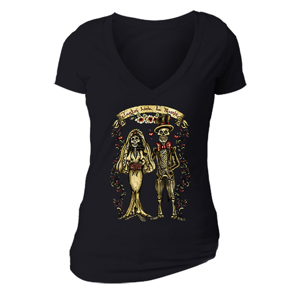 Free Shipping Womens Juntos Bride Groom Skeletons Sugar Skull Day of the Dead Dia de los Muertos Mexican Heritage Halloween V-Neck Black