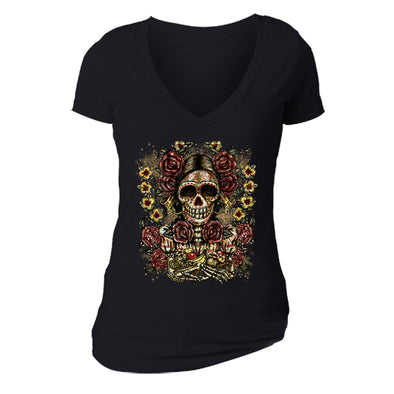 Free Shipping Womens Skeleton Woman Flower Fruit Sugar Skull Day of the Dead Dia de los Muertos Mexican Heritage Rose Love  V-Neck Black