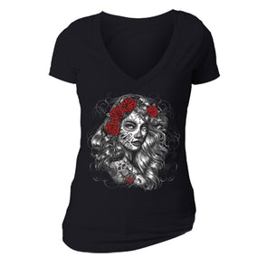 Free Shipping Womens Los Muertos Girl Red Flowers Sugar Skull Day of the Dead Dia de los Muertos Mexican Heritage Rose Love  V-Neck Black