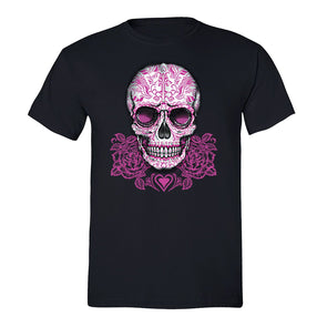 Free Shipping Mens Skull Pink Roses Sugar Skull Day of the Dead Dia de los Muertos Mexican Heritage Rose Love Halloween T-Shirt Black