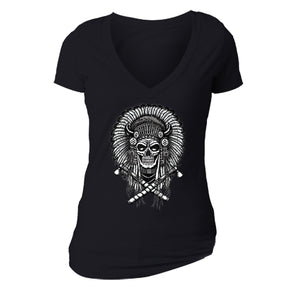 Free Shipping Womens Skull Indian Headress Sugar Skull Day of the Dead Dia de los Muertos Mexican Heritage Halloween Gothic V-Neck Black