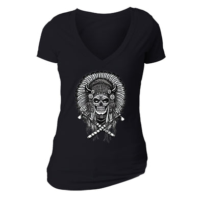 Free Shipping Womens Skull Indian Headress Sugar Skull Day of the Dead Dia de los Muertos Mexican Heritage Halloween Gothic V-Neck Black