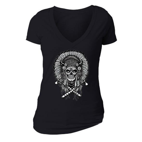 Free Shipping Womens Skull Indian Headress Sugar Skull Day of the Dead Dia de los Muertos Mexican Heritage Halloween Gothic V-Neck Black