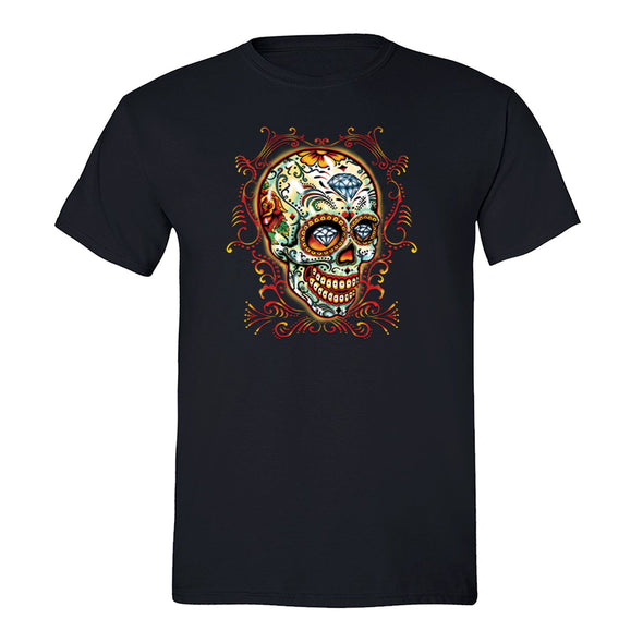 Free Shipping Mens Pinstripes Sugar Skull Day of the Dead Dia de los Muertos Mexican Heritage Rose Love Diamond Halloween T-Shirt Black
