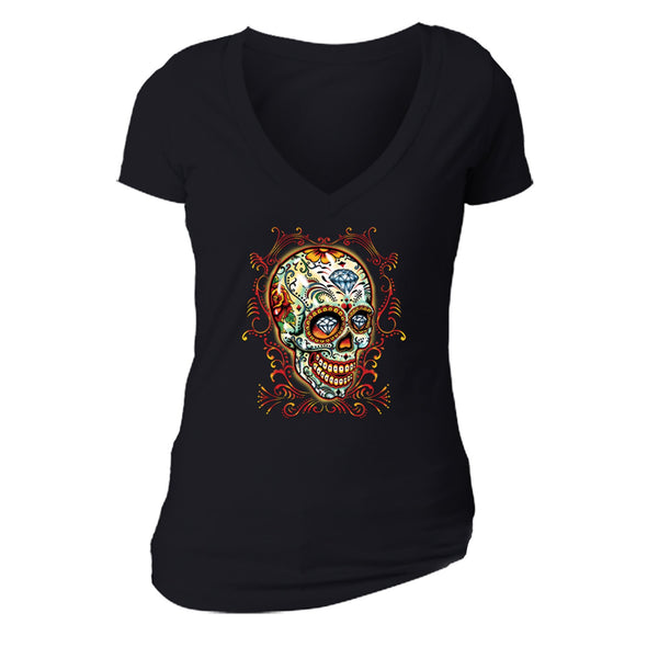 Free Shipping Womens Pinstripes Sugar Skull Day of the Dead Dia de los Muertos Mexican Heritage Rose Love Diamond Halloween V-Neck Black