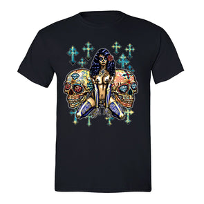 Free Shipping Mens Pink-up Girl 2 Cross Sugar Skull Day of the Dead Dia de los Muertos Mexican Heritage Rose Love  Halloween T-Shirt Black