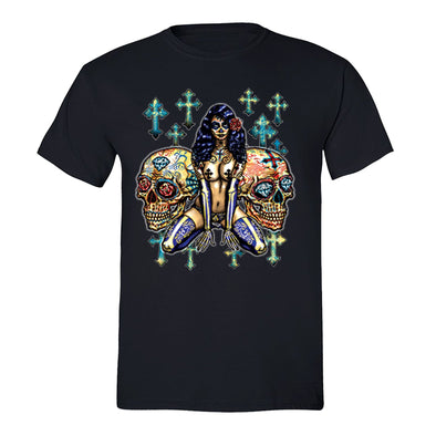 Free Shipping Mens Pink-up Girl 2 Cross Sugar Skull Day of the Dead Dia de los Muertos Mexican Heritage Rose Love  Halloween T-Shirt Black