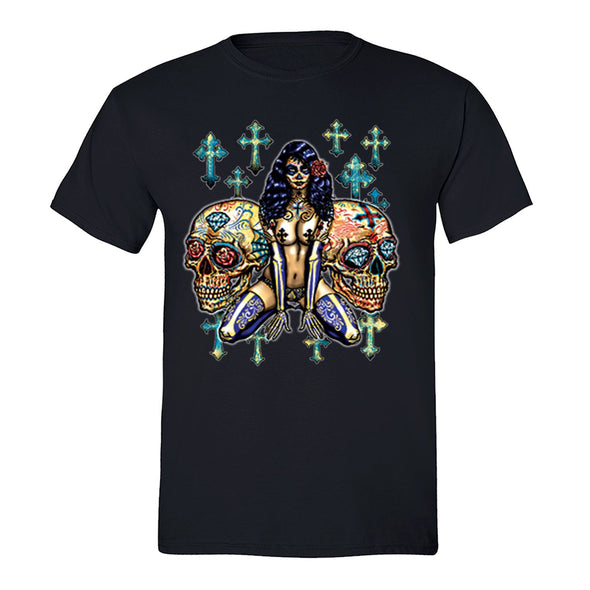Free Shipping Mens Pink-up Girl 2 Cross Sugar Skull Day of the Dead Dia de los Muertos Mexican Heritage Rose Love  Halloween T-Shirt Black