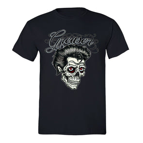 Free Shipping Mens Greaser Skull Skeleton Sugar Skull Day of the Dead Dia De Los Muertos  Mexican Revolution Heritage Hair T-Shirt Black