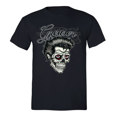 Free Shipping Mens Greaser Skull Skeleton Sugar Skull Day of the Dead Dia De Los Muertos  Mexican Revolution Heritage Hair T-Shirt Black