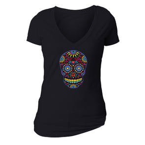 Free Shipping Womens Black Sugar Skull Neon Sugar Skull Day of the Dead Dia de los Muertos Mexican Heritage Heart V-Neck T-Shirt Black