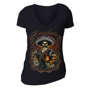 Free Shipping Womens Revolution Tequila Mariachi Sugar Skull Day of the Dead Dia De Los Muertos Mexican Heritage V-Neck T-Shirt  Black