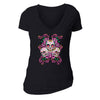 Free Shipping Womens 3 Sugar Skulls Pink Flowers Day of the Dead Dia de los Muertos Mexican Heritage Halloween Roses V-Neck T-Shirt Black