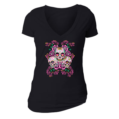 Free Shipping Womens 3 Sugar Skulls Pink Flowers Day of the Dead Dia de los Muertos Mexican Heritage Halloween Roses V-Neck T-Shirt Black