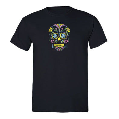 Free Shipping Mens Yellow Sugar Skull Neon Sugar Skull Day of the Dead Dia de los Muertos Mexican Heritage Heart Halloween T-Shirt Black