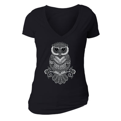 Free Shipping Womens Line Art Owl Day of the Dead Sugar Skull Dia de Los Muertos Animal Lover Mexican Heritage V-Neck T-Shirt  Black