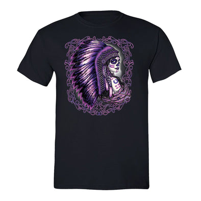 Free Shipping Mens Purple Chief Woman Sugar Skull Day of the Dead Dia de los Muertos Mexican Heritage Headdress Feather T-Shirt Black