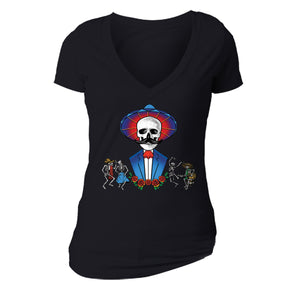 Free Shipping Womens Mustache Skull Hat Blue Jacket Sugar Day of the Dead Dia De Los Muertos Mexican Heritage V-Neck  T-Shirt Black