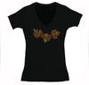 Free Shipping Womens Rhinestone Autumn 3 Fall Leaves Thanksgiving Maple Leaf Pumpkin October V-Neck T-shirt Black