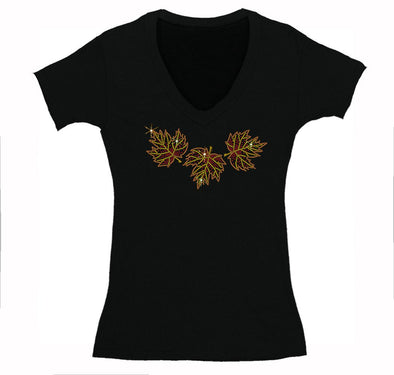 Free Shipping Womens Rhinestone Autumn 3 Fall Leaves Thanksgiving Maple Leaf Pumpkin October V-Neck T-shirt Black