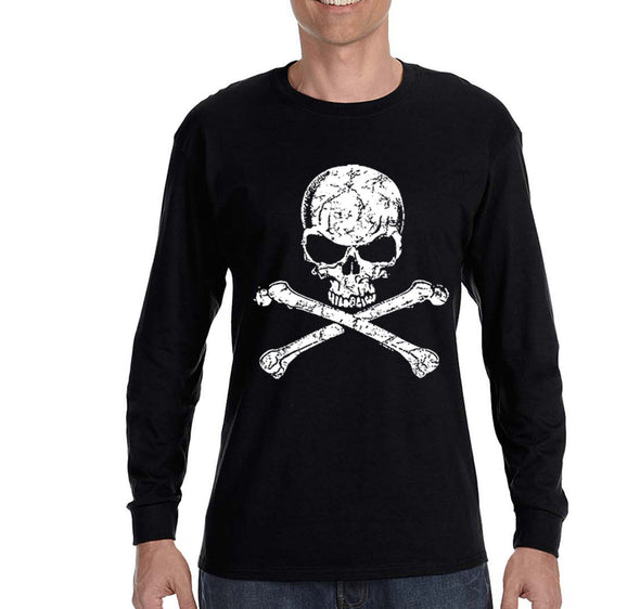 Free Shipping Mens Distressed White Skull and Crossbones Pirate Jolly Roger Ship Treasure Gold Gaspar Gift Long Sleeve T-Shirt