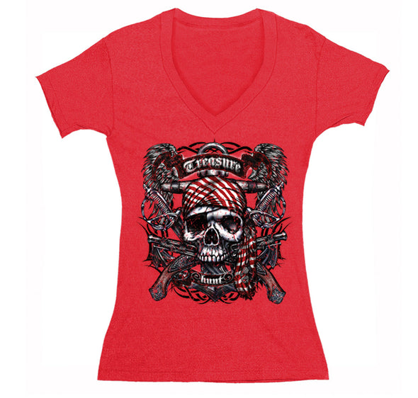 Free Shipping Womens Treasure Hunt Skull and Crossbones Pirate Jolly Roger Ship Guns Gold Gift Gaspar V-Neck T-Shirt