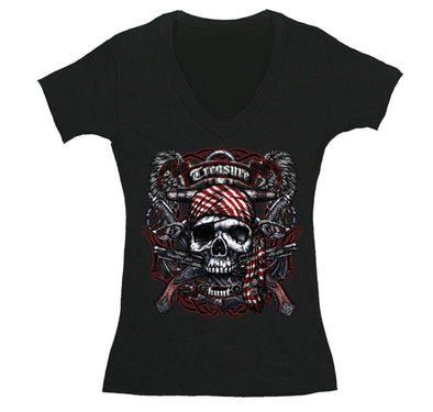 Free Shipping Womens Treasure Hunt Skull and Crossbones Pirate Jolly Roger Ship Guns Gold Gift Gaspar V-Neck T-Shirt