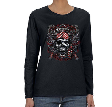 Free Shipping Womens Treasure Hunt Skull and Crossbones Pirate Jolly Roger Ship Guns Gold Gaspar Gift Long Sleeve T-Shirt