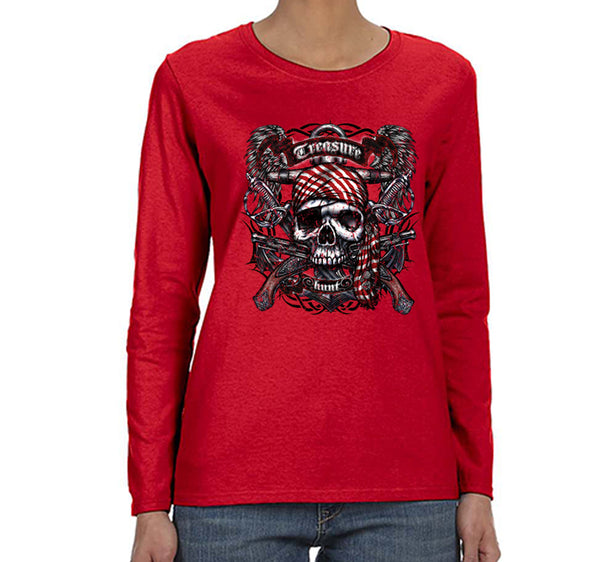 Free Shipping Womens Treasure Hunt Skull and Crossbones Pirate Jolly Roger Ship Guns Gold Gaspar Gift Long Sleeve T-Shirt