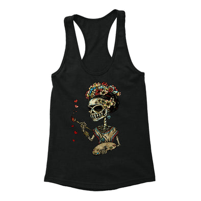 Free Shipping Womens Frieda Kahlo Skeleton Paint Sugar Skull Day of the Dead Dia de los Muertos Mexican Heritage Racerback Tanktop Black