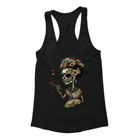 Free Shipping Womens Frieda Kahlo Skeleton Paint Sugar Skull Day of the Dead Dia de los Muertos Mexican Heritage Racerback Tanktop Black