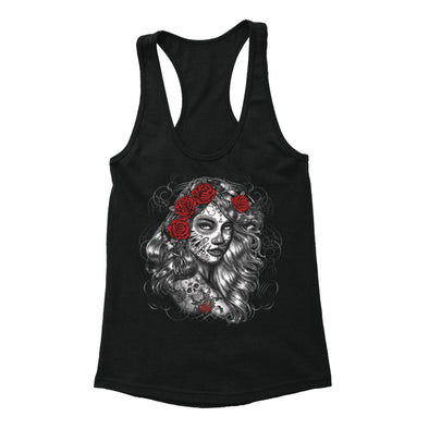 Free Shipping Womens Los Muertos Girl Red Flowers Sugar Skull Day of the Dead Dia de los Muertos Mexican Heritage Racerback Tanktop Black
