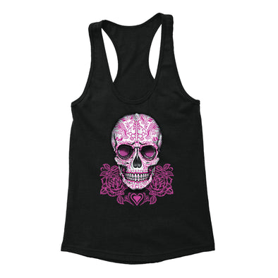 Free Shipping Womens Skull Pink Roses Sugar Skull Day of the Dead Dia de los Muertos Mexican Heritage Rose Halloween Racerback Tanktop Black