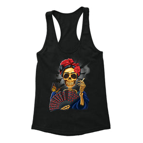 Free Shipping Womens Skeleton Smoking Butterfly Sugar Skull Day of the Dead Dia de los Muertos Mexican Heritage Racerback Tanktop Black