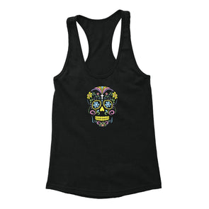 Free Shipping Womens Yellow Sugar Skull Neon Sugar Skull Day of the Dead Dia de los Muertos Mexican Heritage Heart Racerback Tanktop Black