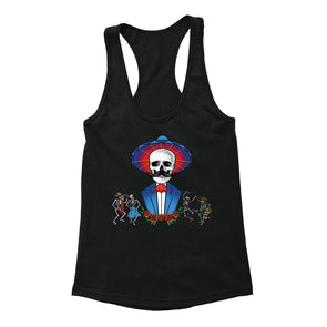 Free Shipping Womens Mustache Skull Hat Blue Jacket Sugar Day of the Dead Dia De Los Muertos Mexican Heritage Racerback Tanktop Black